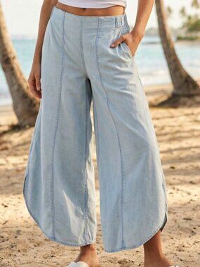 NWT LOVLOV Lightweight wide-leg crop denim tulip pants with elastic waist s m l